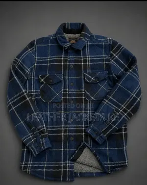 Men’s Casual Button-Up Jackets – Blue Plaid Cream Textured