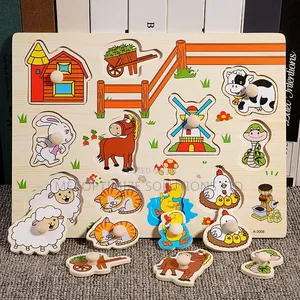 Montessori Wooden Farm Animals Knob Peg Puzzle Board for Kids