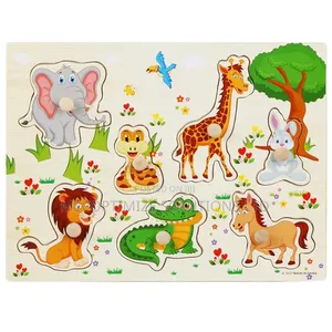 Montessori Wooden Jungle Animals Knob Peg Puzzle Board for Kids