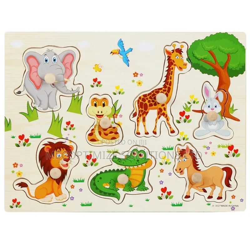 Montessori Wooden Jungle Animals Knob Peg Puzzle Board for Kids
