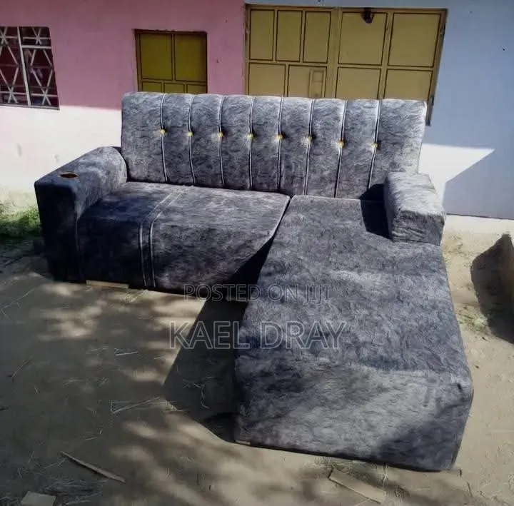 L-Shaped Corner Sofa With Adjustable Headrests, Gold Trim Cup Holder