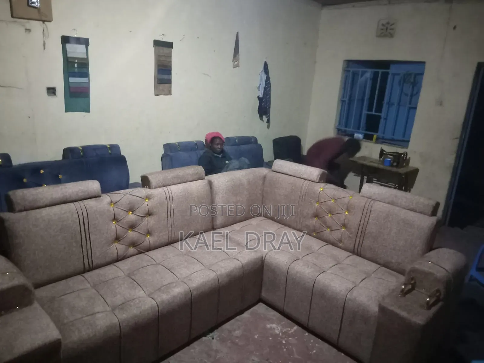 L-Shaped Corner Sofa With Adjustable Headrests, Gold Trim Cup Holder
