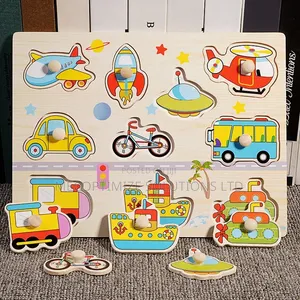 Montessori Wooden Transport Vehicles Knob Peg Puzzle Board for Kids