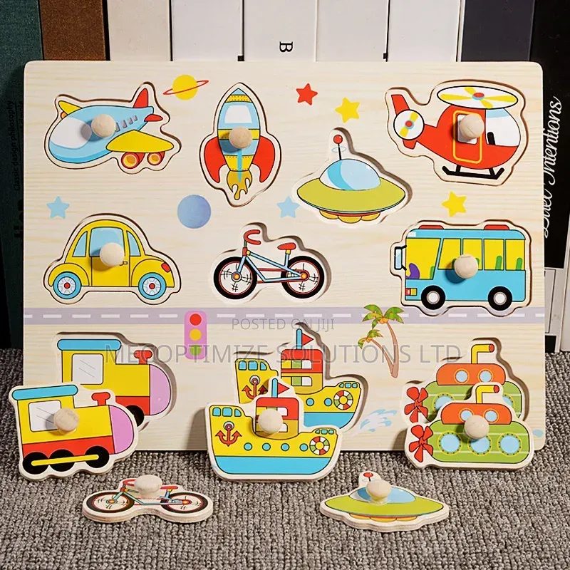 Montessori Wooden Transport Vehicles Knob Peg Puzzle Board for Kids