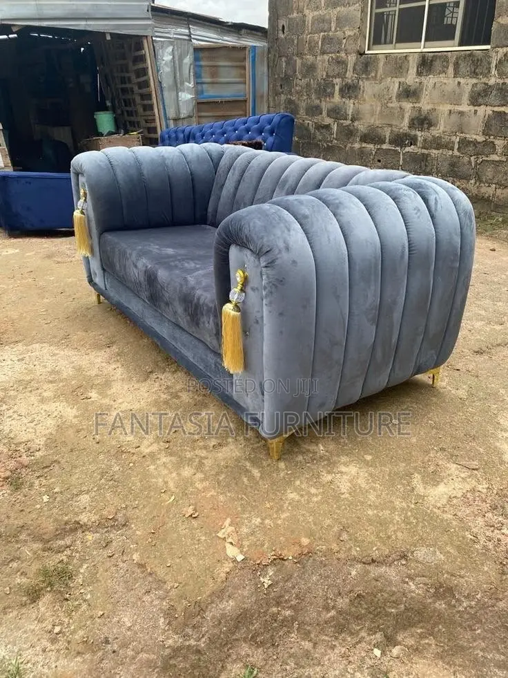2 Seater Grey Sofa in Tassel Lines: Free Delivery