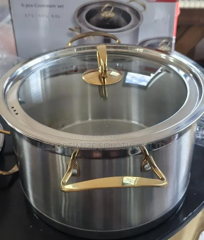 6pc Stainless Steel Heavy Duty Pots Golded Handle Kitchen Cookware Set