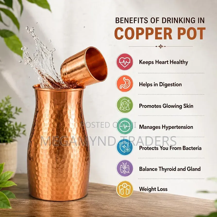Copper Drinking Pot 1.5LTR / Pure Copper Water Jug With Lid Hammered