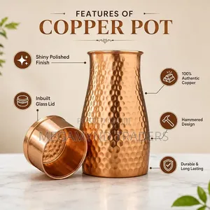 Copper Drinking Pot 1.5LTR / Pure Copper Water Jug With Lid Hammered