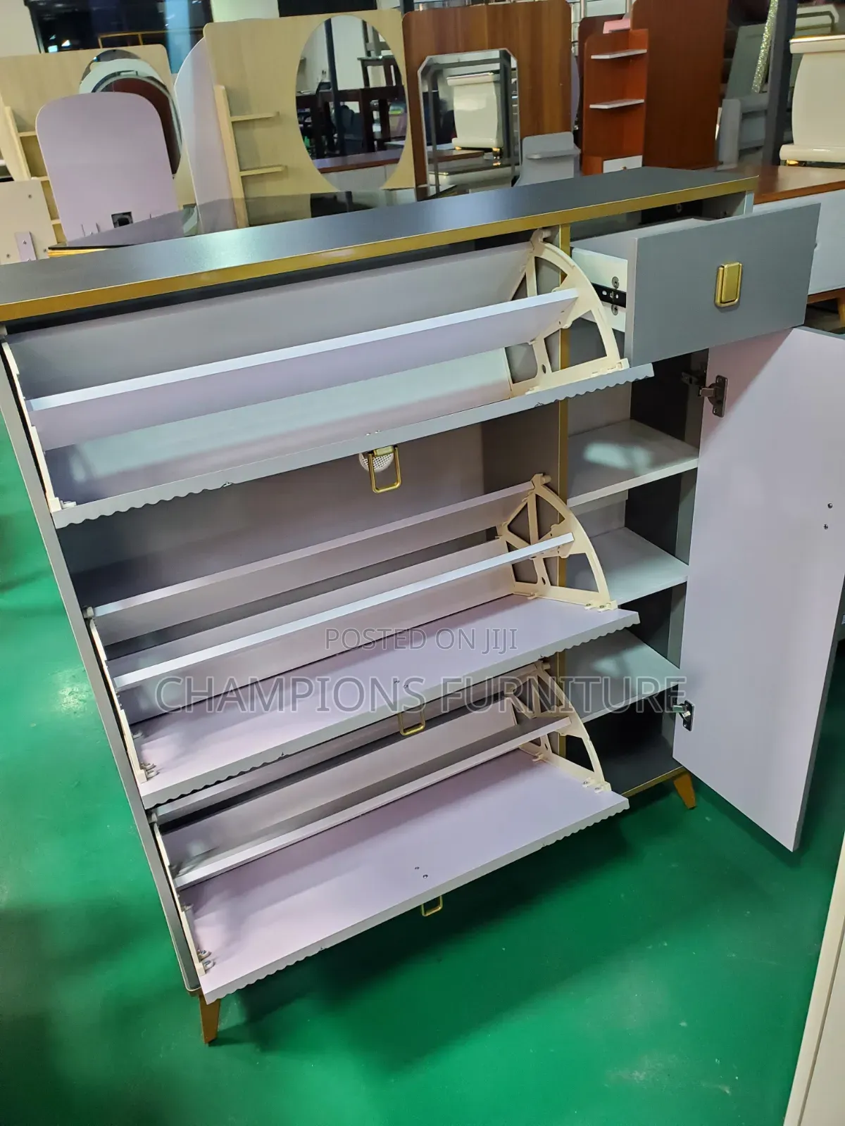 Modern Fluted Grey Shoe Rack With Gold Trim