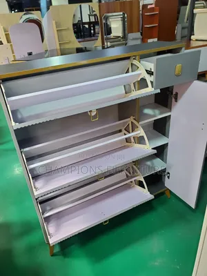Modern Fluted Grey Shoe Rack With Gold Trim