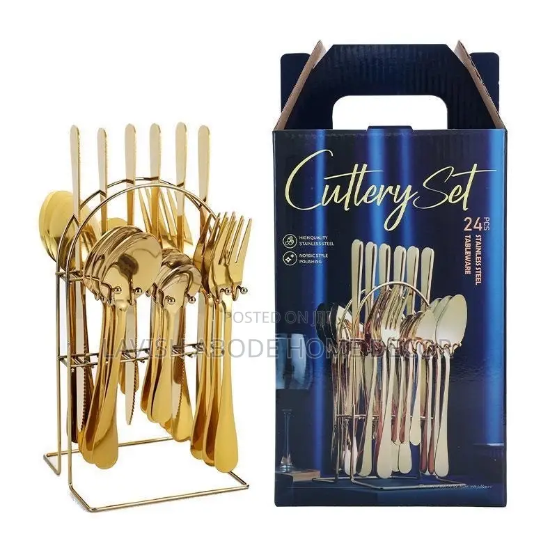 24Pc Golden Cutlery Set With Golden Holder – Elegant Dining Set