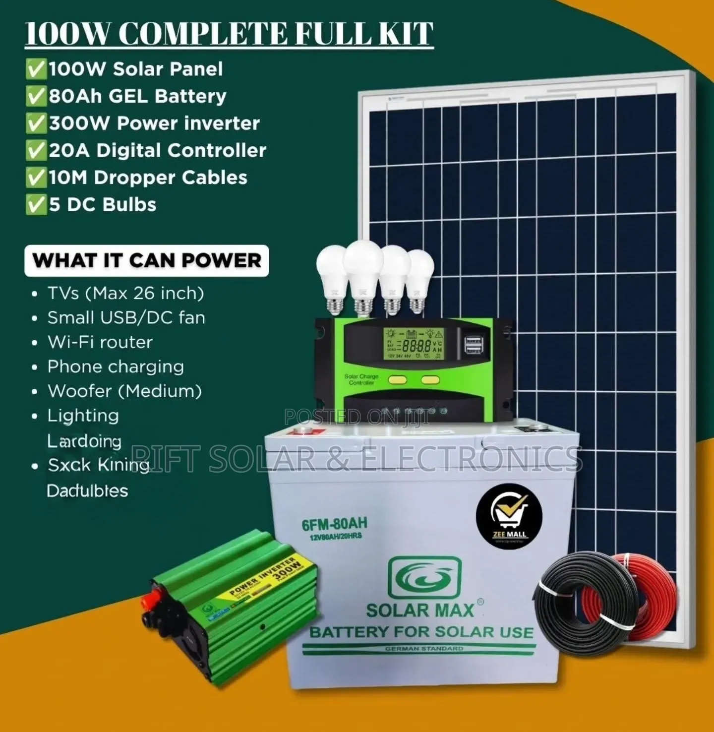 100 Watts Full Package - 80A Gel Battery - 300w Inverter - 10m Cable