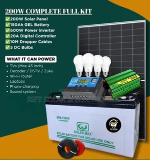 200 Watts Full Package - 150Ah Gel Battery - 600w Inverter - 20A Kit