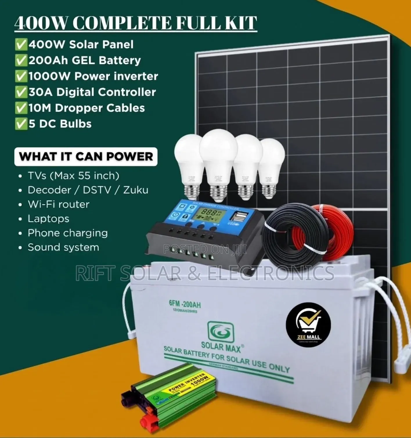400 Watts Full Package - 200Ah Gel Battery - 1000w Inverter -