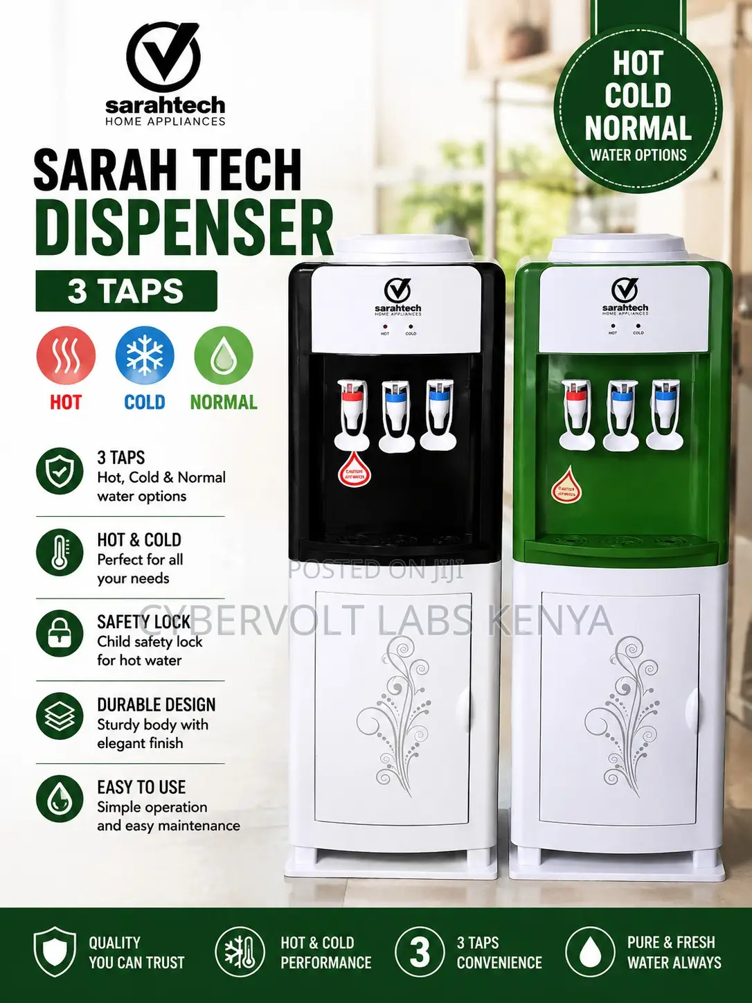 Sarahtech 3-Tap Water Dispenser Hot Cold Normal