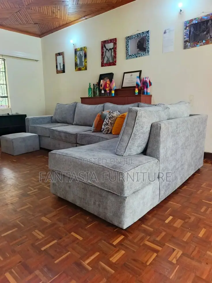 Grey 5 Seater L-Shaped Sofa + Ottoman