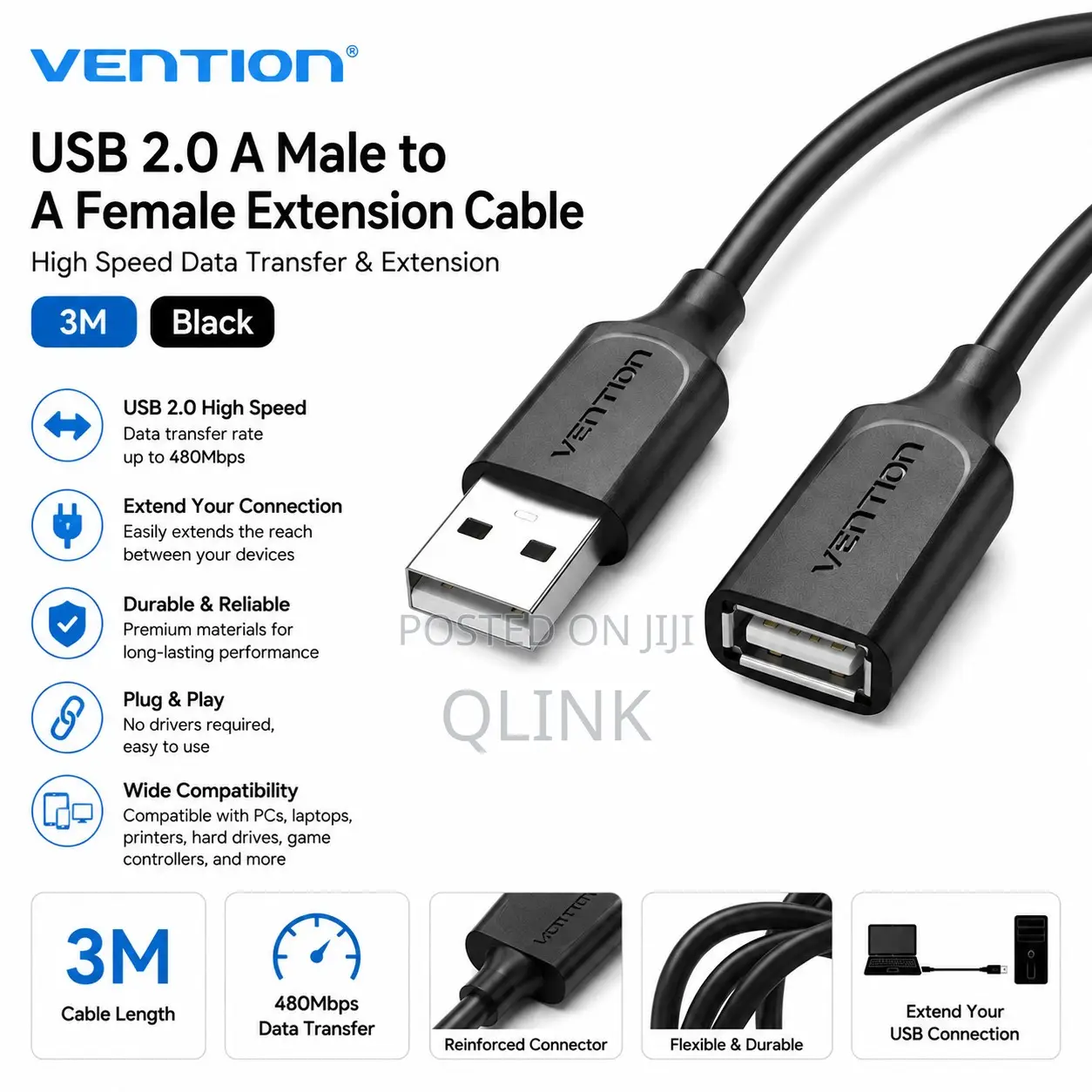 Vention USB 2.0 a Male to a Female Extension Cable 3M Black