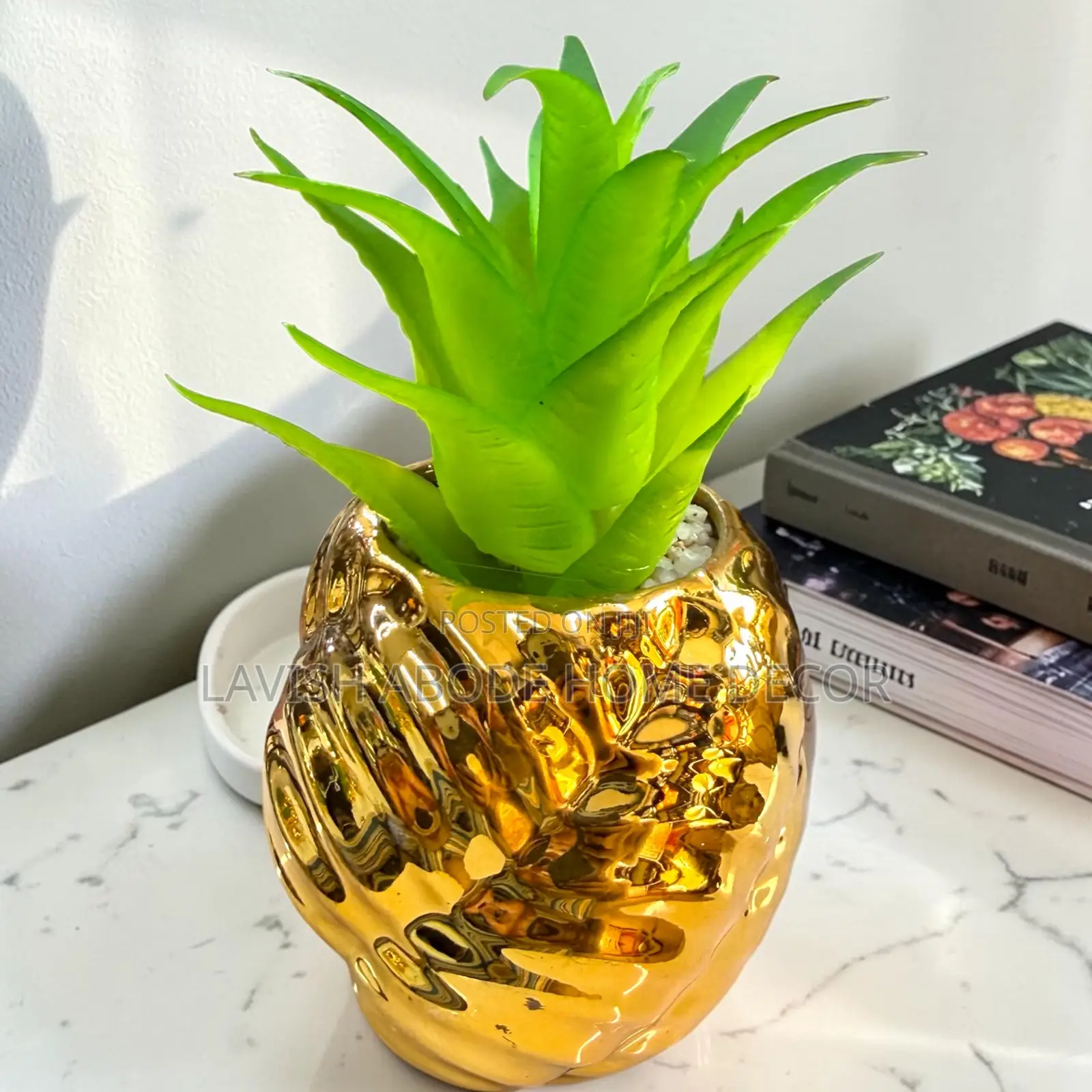 Artificial Green Succulent in Gold Ceramic Pot – Home Office Décor