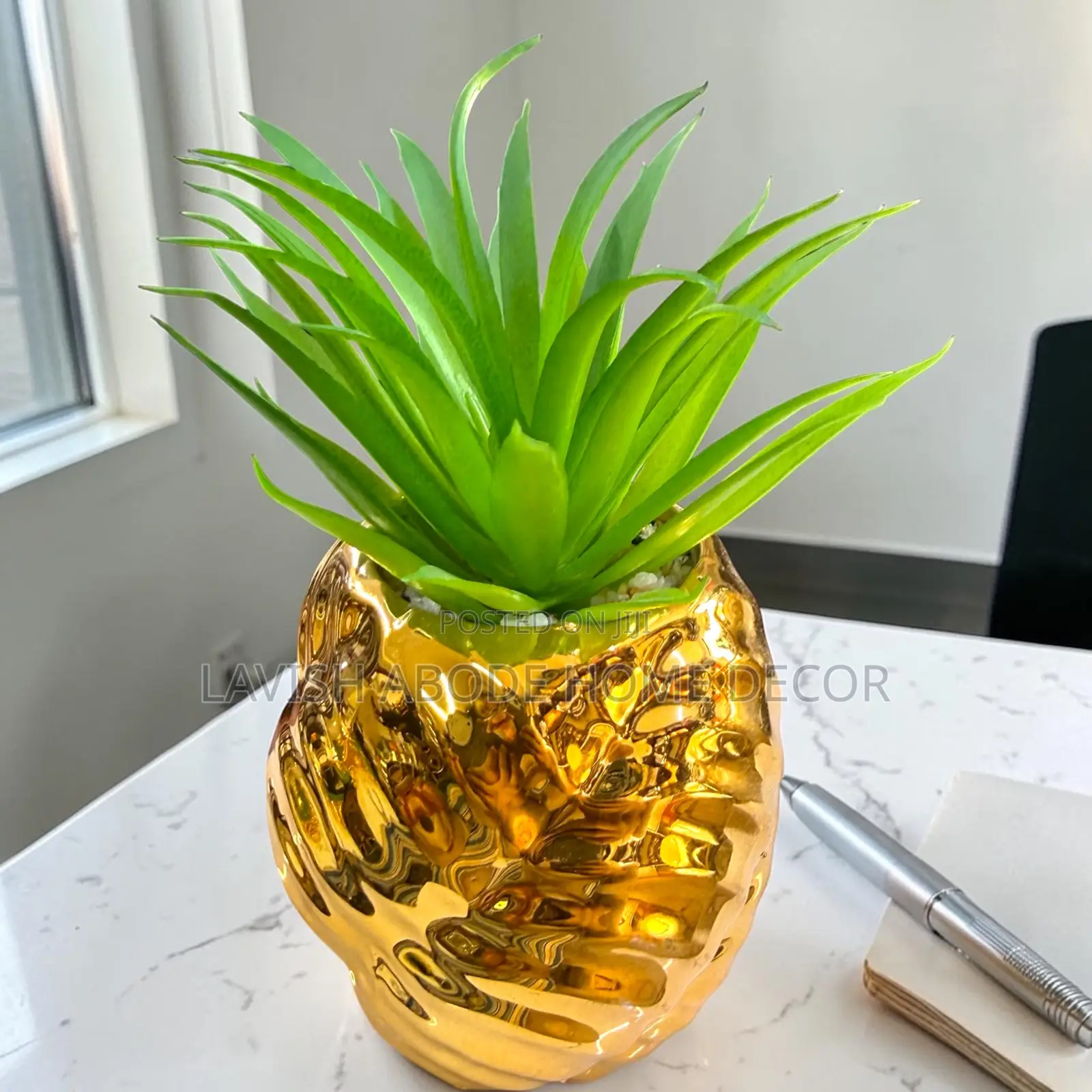 Artificial Green Succulent in Gold Ceramic Pot – Home Office Décor