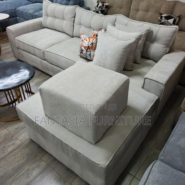 5 Seater Beige L-Shaped Sofa + Ottoman