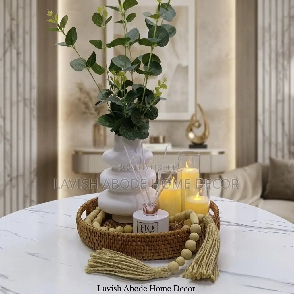 Elegant Home Décor Setup – Rattan, Flowers, Candles Fragrance