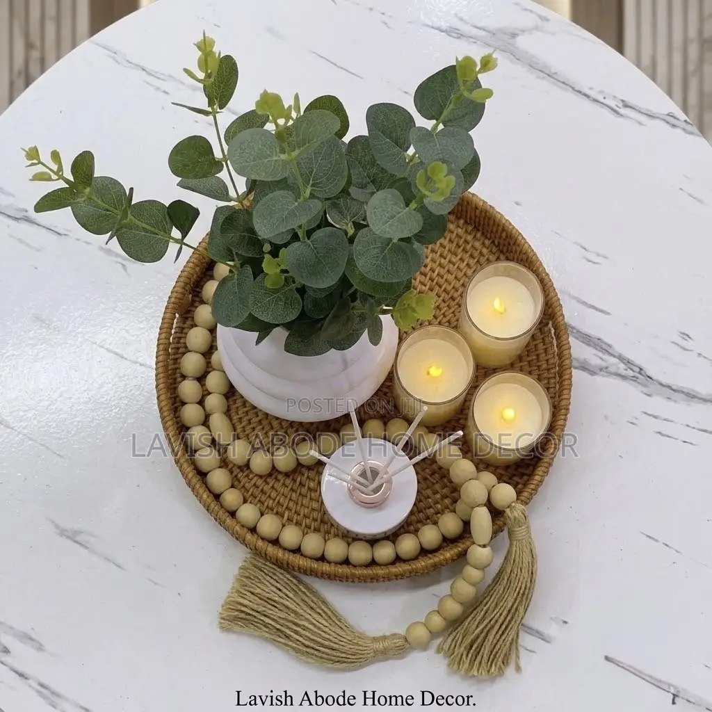 Elegant Home Décor Setup – Rattan, Flowers, Candles Fragrance