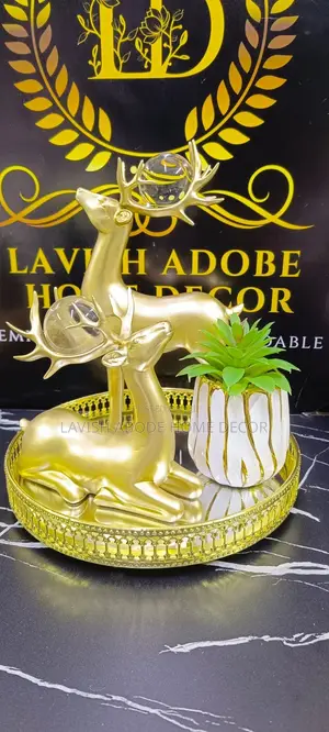Luxury Gold Décor Setup – Vanity Tray, Deer Sculptures Succulent