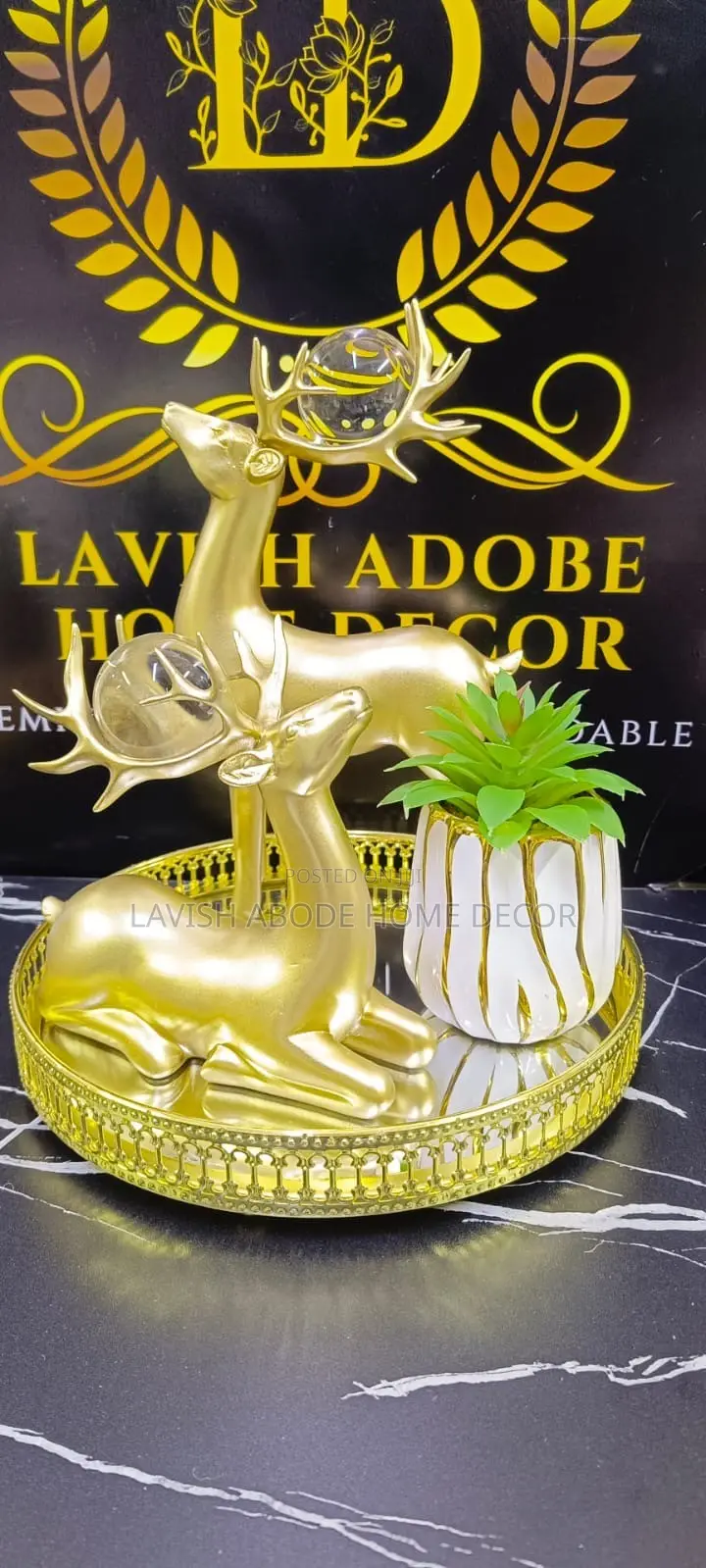 Luxury Gold Décor Setup – Vanity Tray, Deer Sculptures Succulent