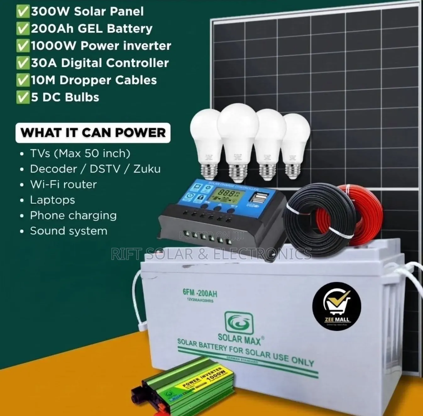 300 Watts Full Package - 200Ah Gel Battery - 1200w Inverter Kit