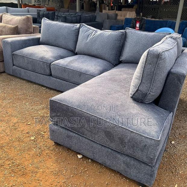 5 Seater Slate Blue L-Shaped Sofa: Payment on Delivery