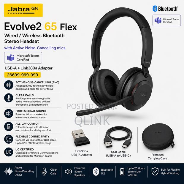 Jabra Evolve2 65 Flex Wired/ Wireless Bluetooth Stereo Headset