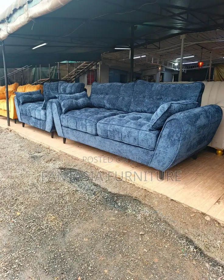 Denim Blue Tufted 5 Seater Butterfly Sofa Set