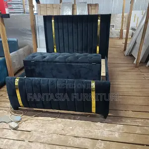 5x6 Navy Blue Chester Bed in Gold Trim + Storage Box