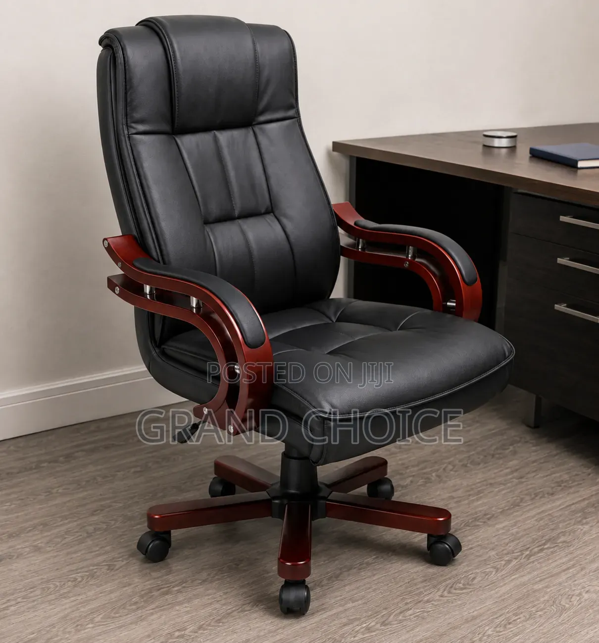 High Back Leather Manager Chair With Wooden Arms