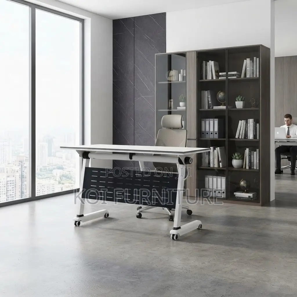 Office Desk; White 120cm Foldable Home Office Movable Table