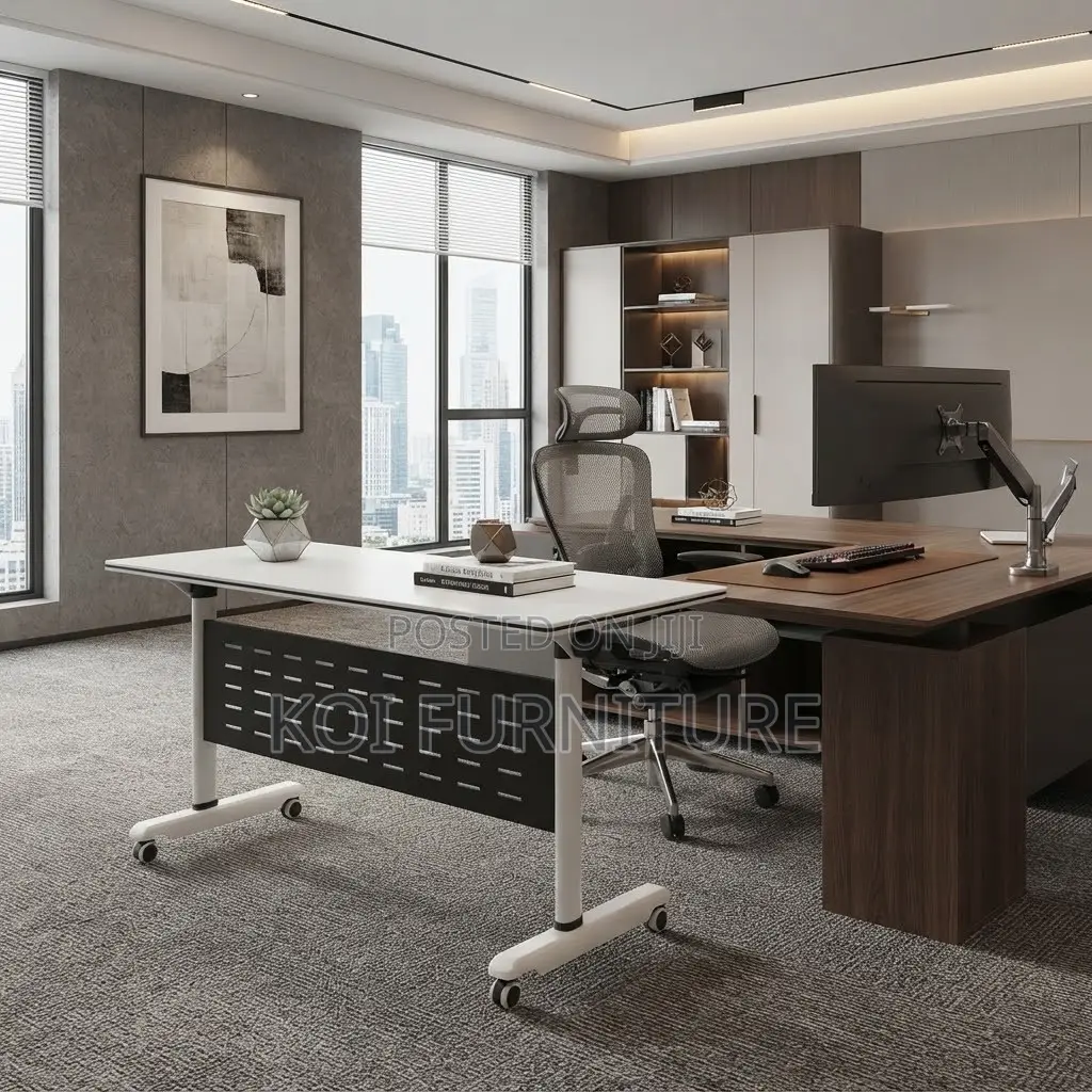 Office Desk; White 120cm Foldable Home Office Movable Table