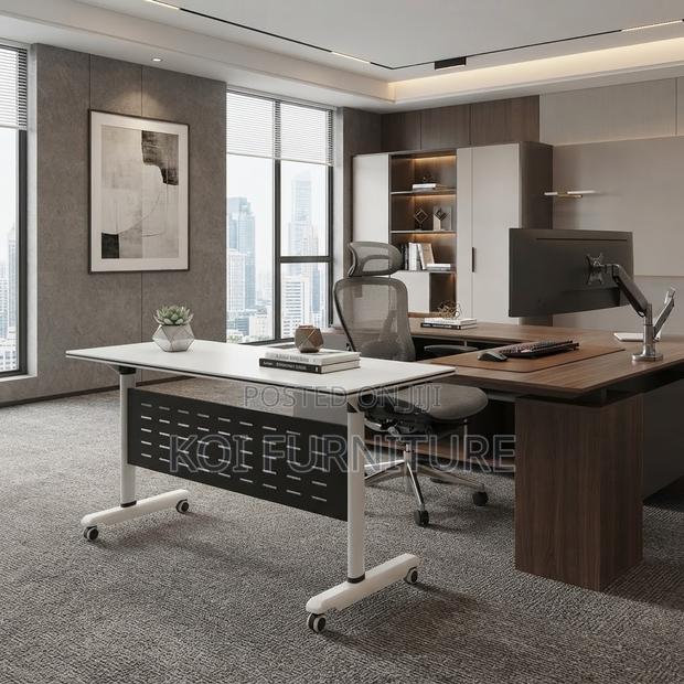 Office Desk; White 120cm Foldable Home Office Movable Table - thumbnail 6