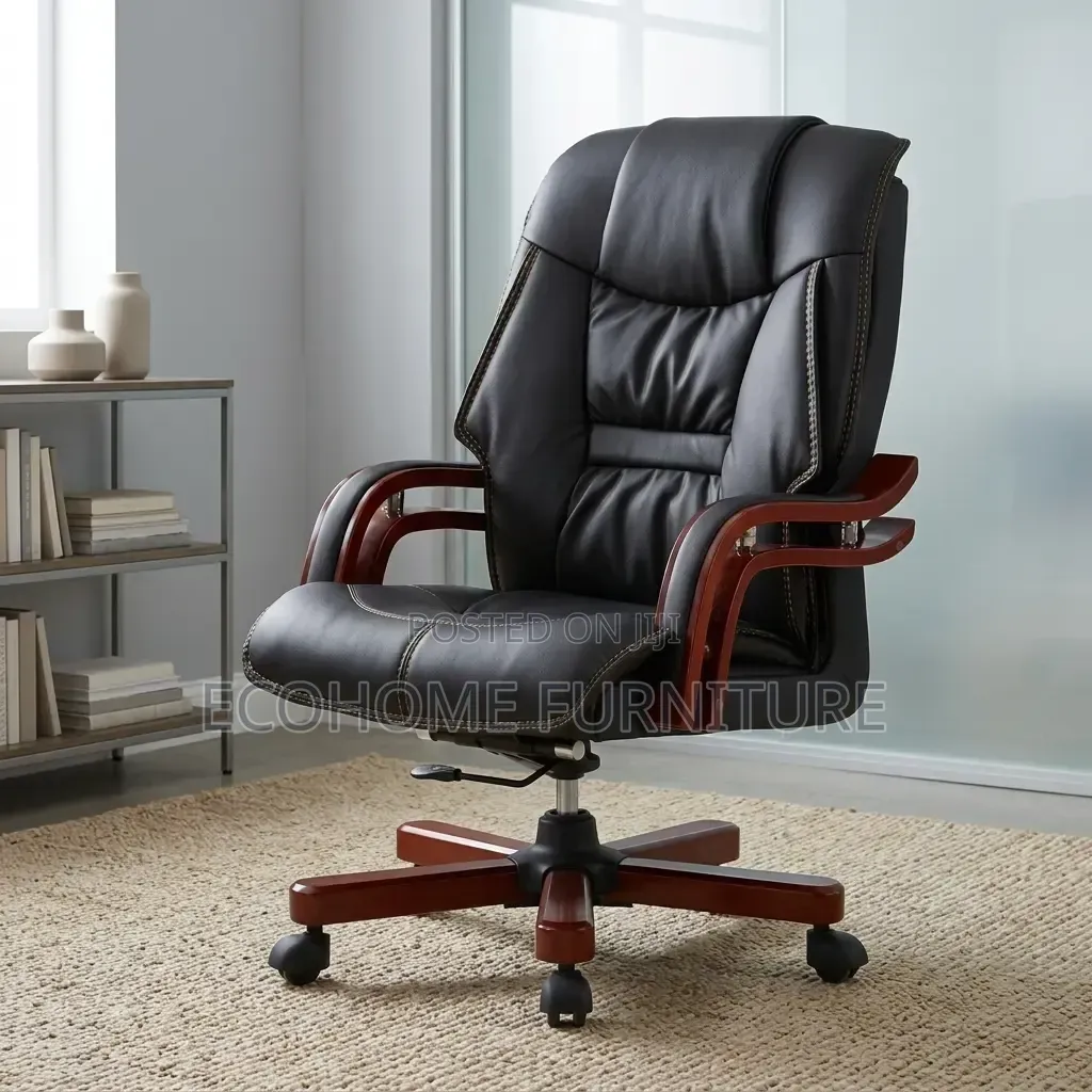 Office Chair – Luxury High Back Padded Leather Seat With Wooden Arms