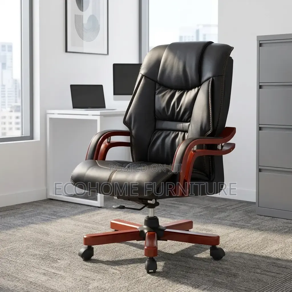 Office Chair – Luxury High Back Padded Leather Seat With Wooden Arms