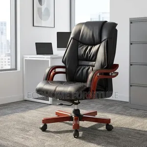 Office Chair – Luxury High Back Padded Leather Seat With Wooden Arms