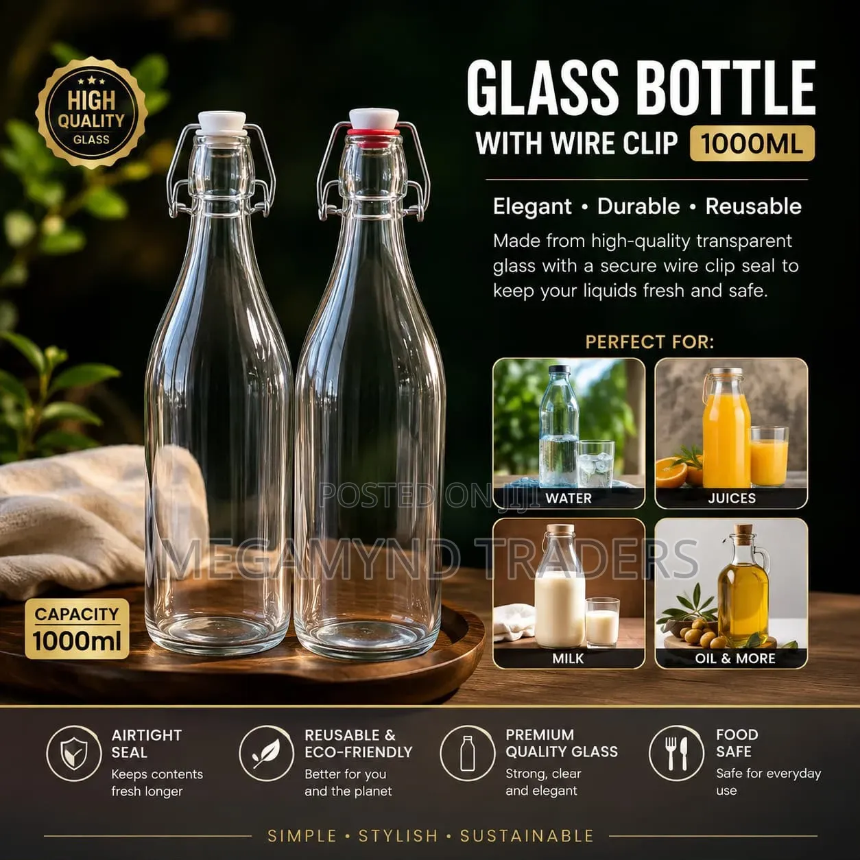 Glass Bottle 1000ml Air Tight / Beverage Glass Bottle