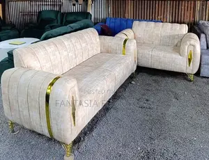 5 Seater Beige Royal Sofa Set in Gold Trim
