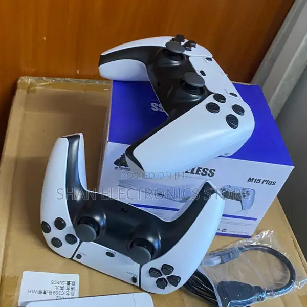 M15 Plus 4KHDMI -With a HDMI Stick and Two White Gamepads