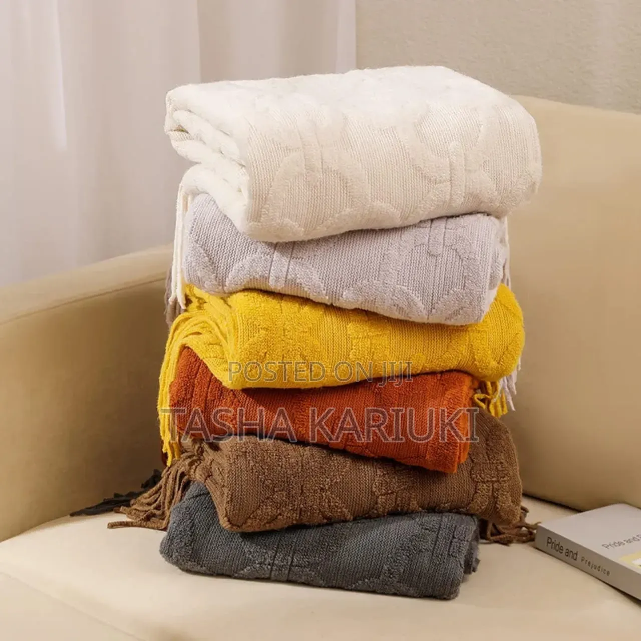 Elegant Nordic Tassel Throw Blanket – Grey, Brown Burnt Orange Galo