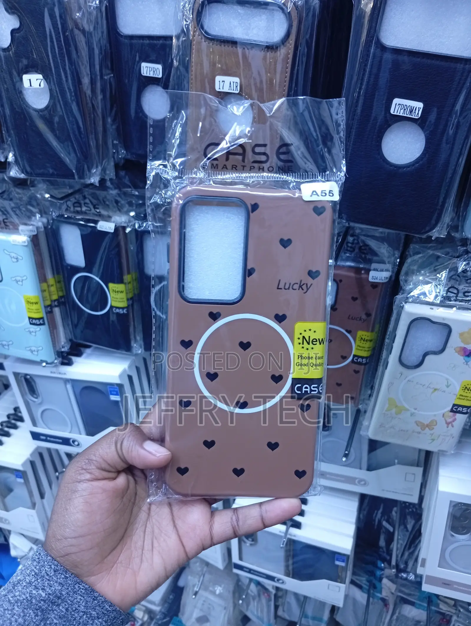 Brown Samsung Galaxy A55 MagSafe Phone Case With Small Black Hearts