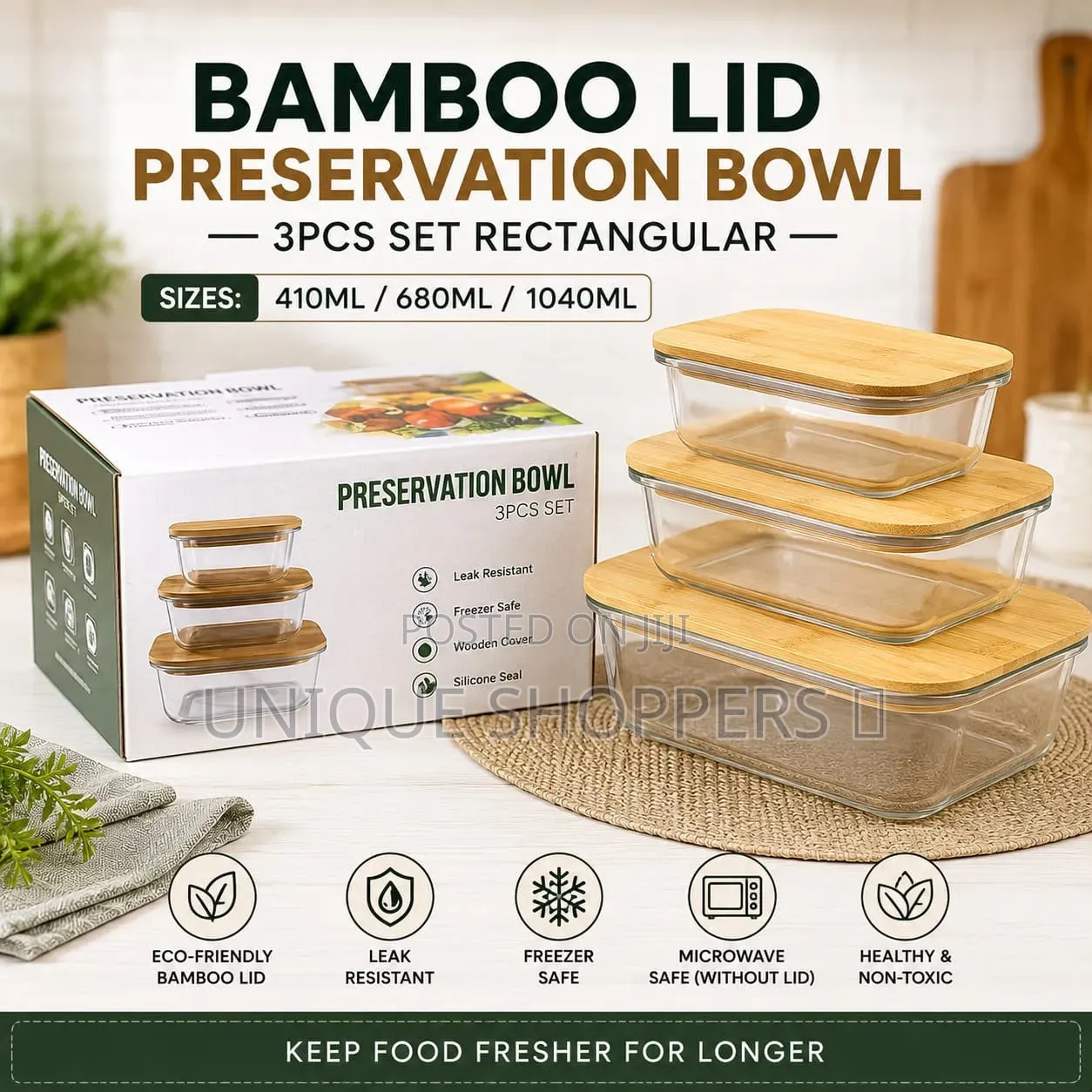 Bamboo Lid Preservation Bowl (3pcs Set Rectangular)