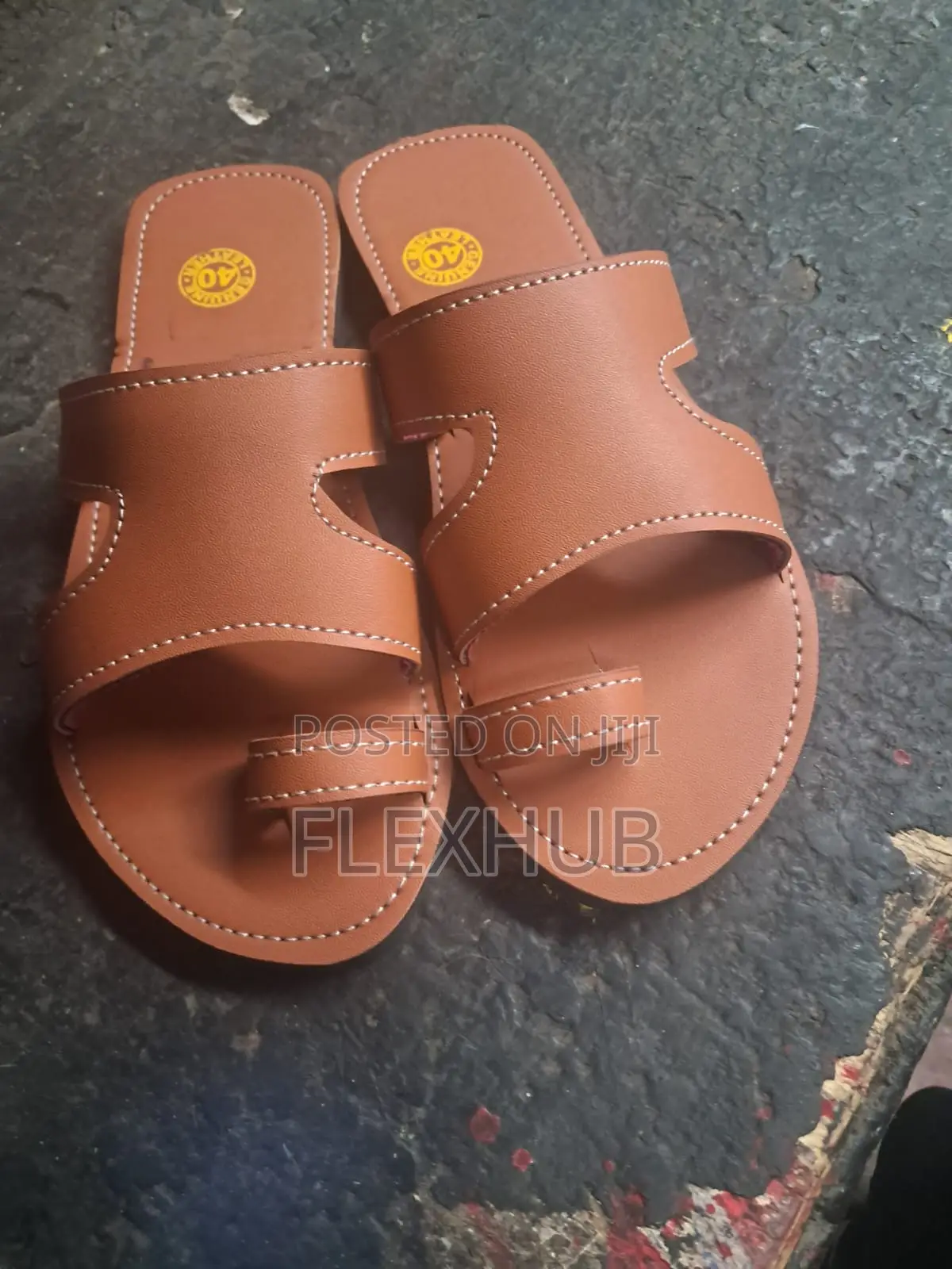 Unisex Tan Genuine Leather H-Top Toe-Ring Sandals
