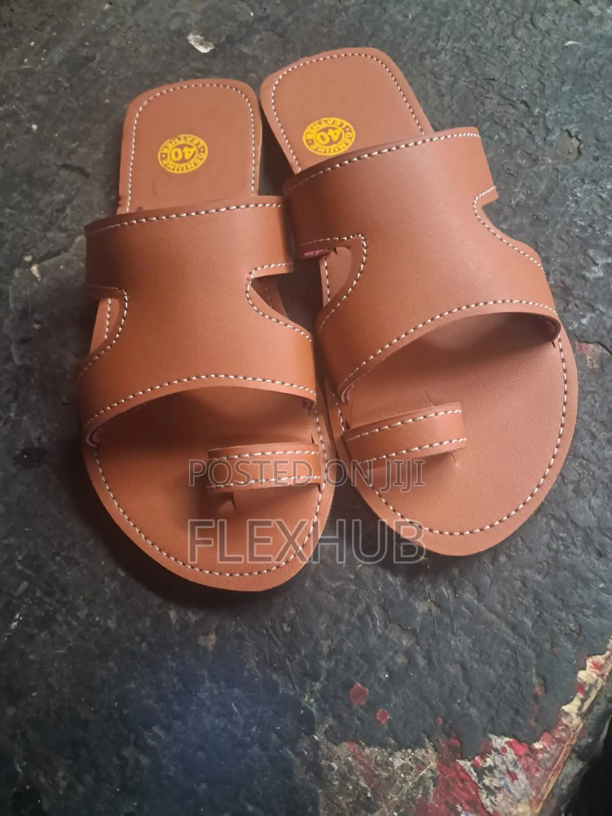 Unisex Tan Genuine Leather H-Top Toe-Ring Sandals
