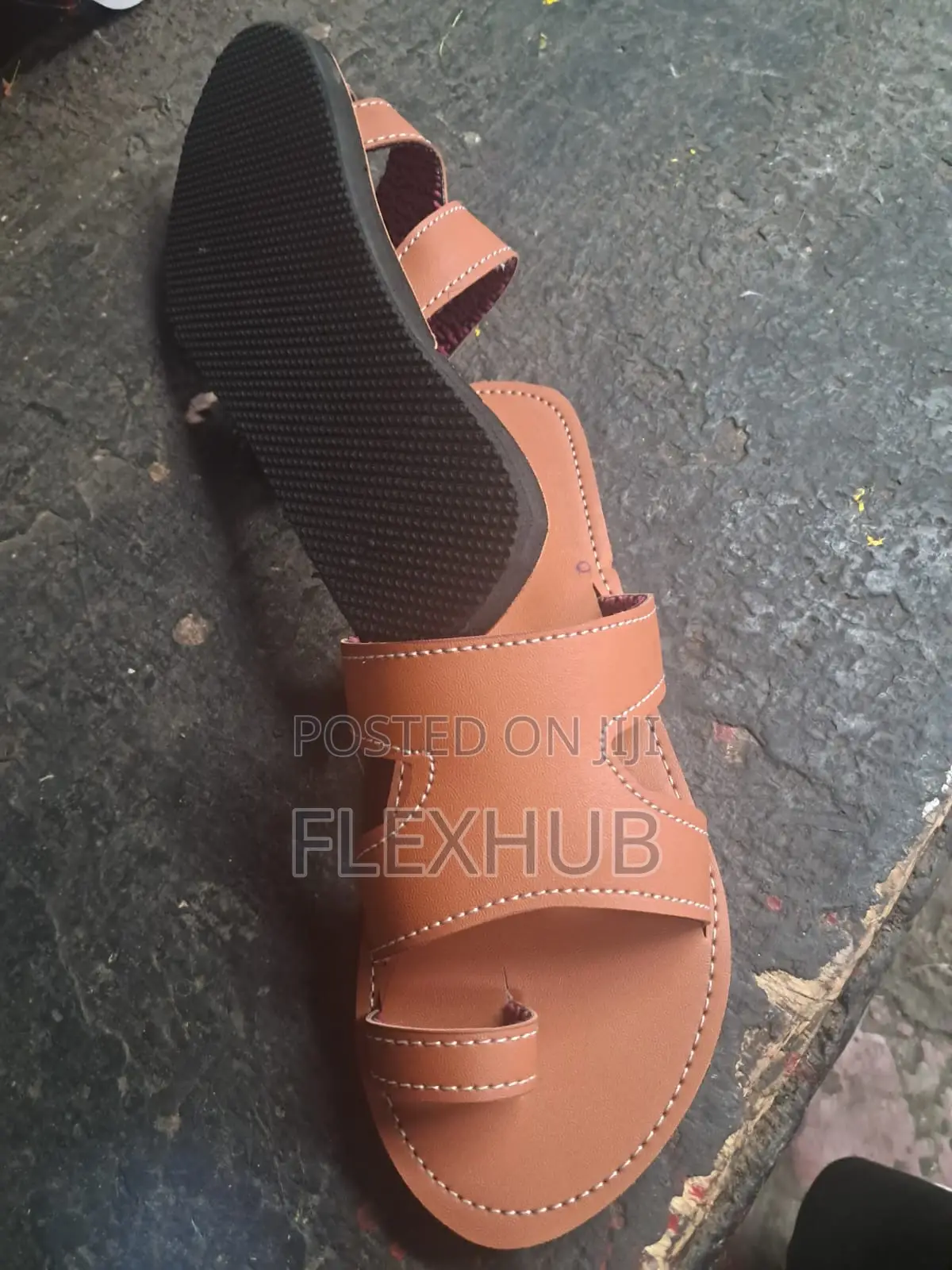 Unisex Tan Genuine Leather H-Top Toe-Ring Sandals