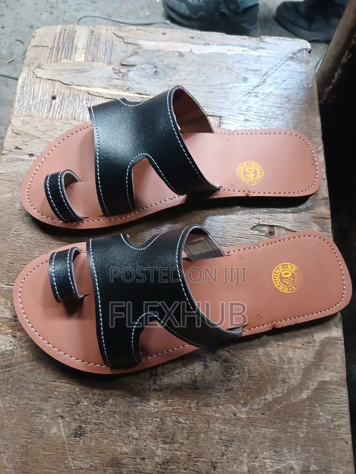 Unisex Tan Genuine Leather H-Top Toe-Ring Sandals
